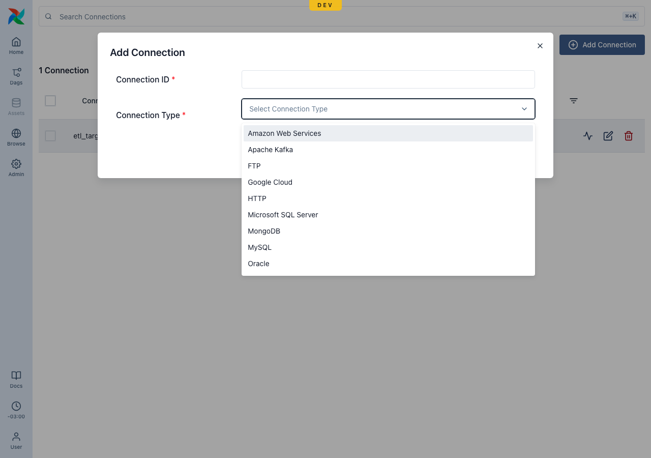 Add Connection — the connection-type catalog