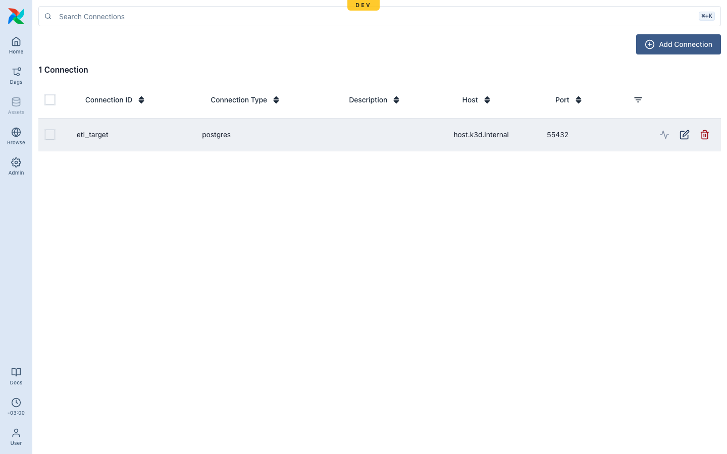 Admin → Connections showing etl_target (postgres, host.k3d.internal:55432)
