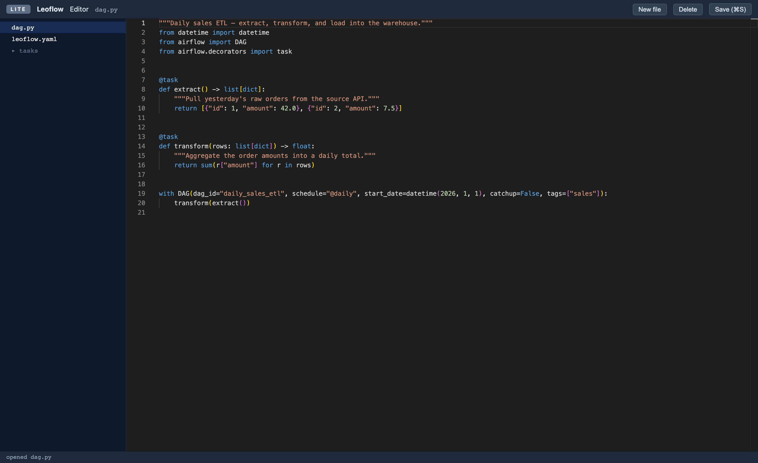 The editor in the dark theme, editing a Python DAG