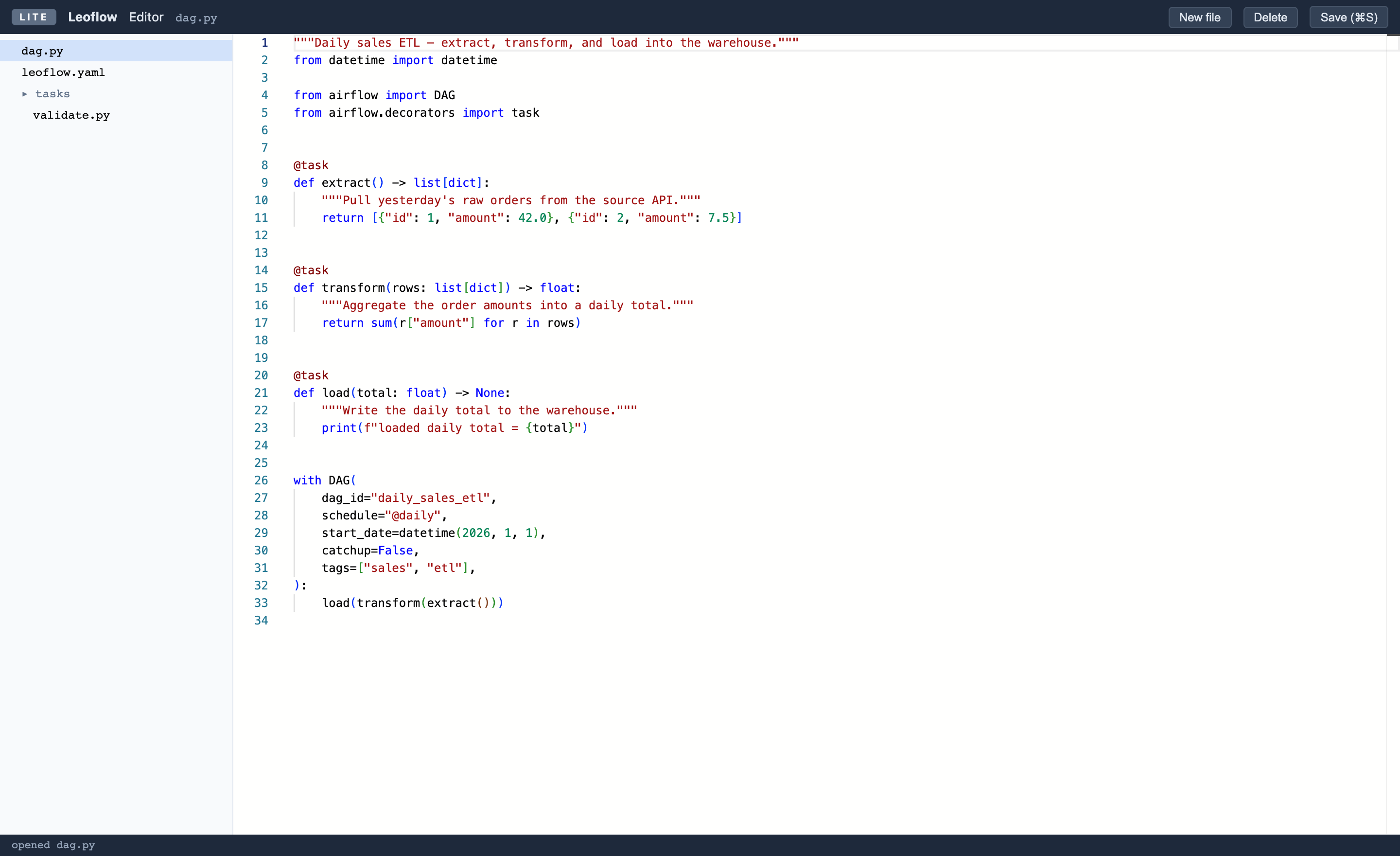 The Lite web editor: a file tree on the left and a Python DAG open with syntax highlighting
